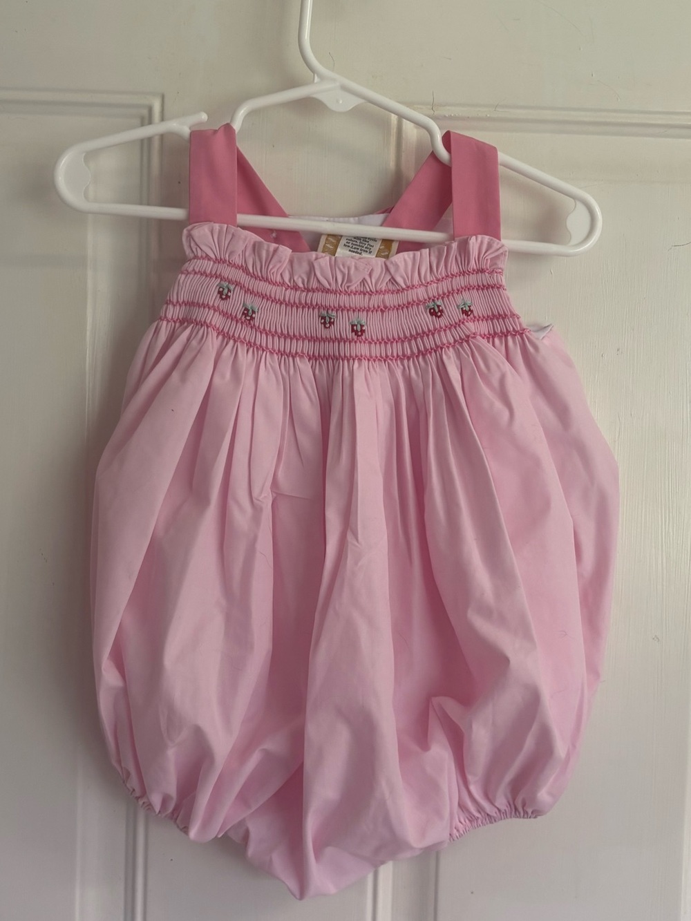 6/12M The Beaufort Bonnet Company light pink Smocked Strawberry Bitsy Bubble.  I